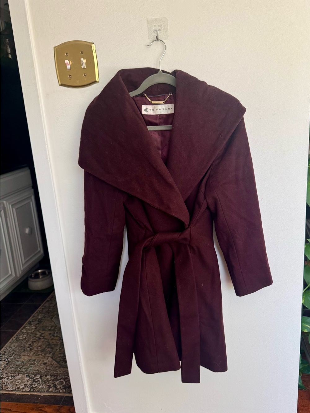 Trina Turk Burgundy Wrap Trench Coat with Self-Tie Belt